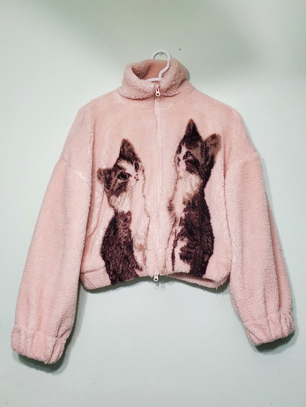 NWT Urban Outfitters Kimchi Blue Cat Fleece Jacket Pink Cropped Zip Up XS